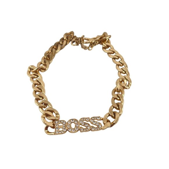 Gold-Tone Chunky Chain Necklace With Rhinestone "Boss" Pendant - Picture 2 of 9